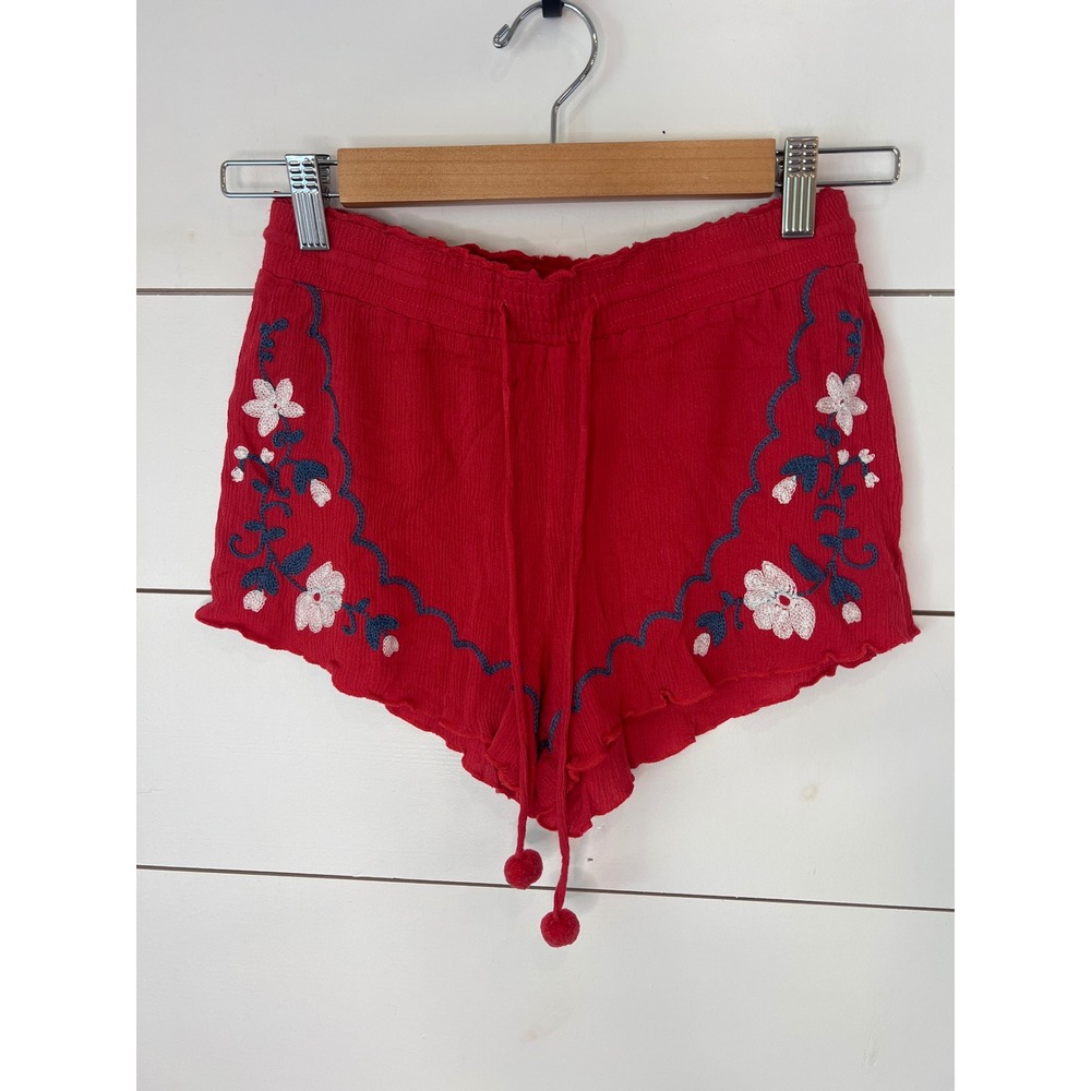 Aeropostale Red Embroidered Floral boho Ruffle Shorts Cottagecore coquette Sm